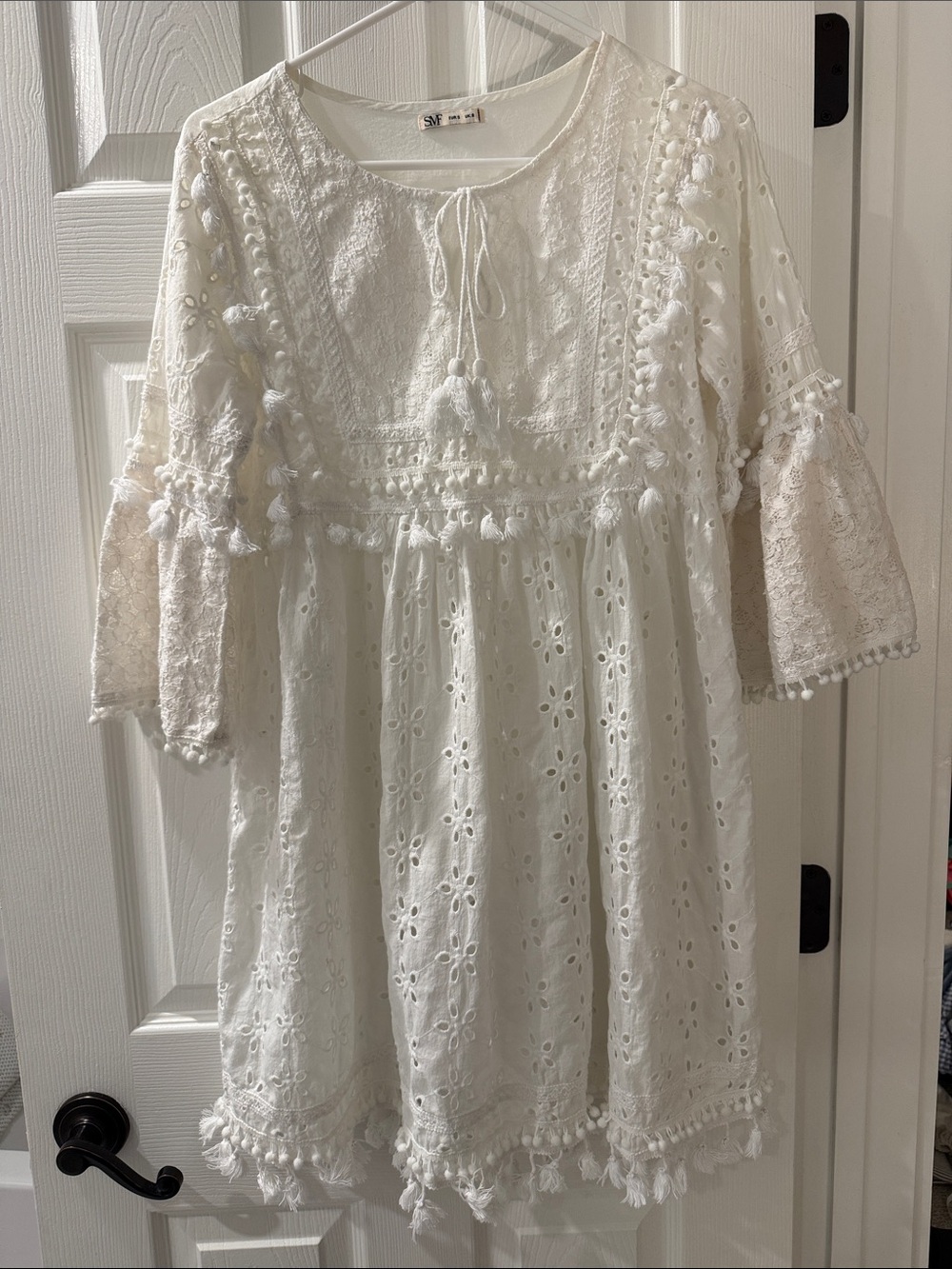 SMF White Eyelet Tassel Swim Coverup Tunic Small